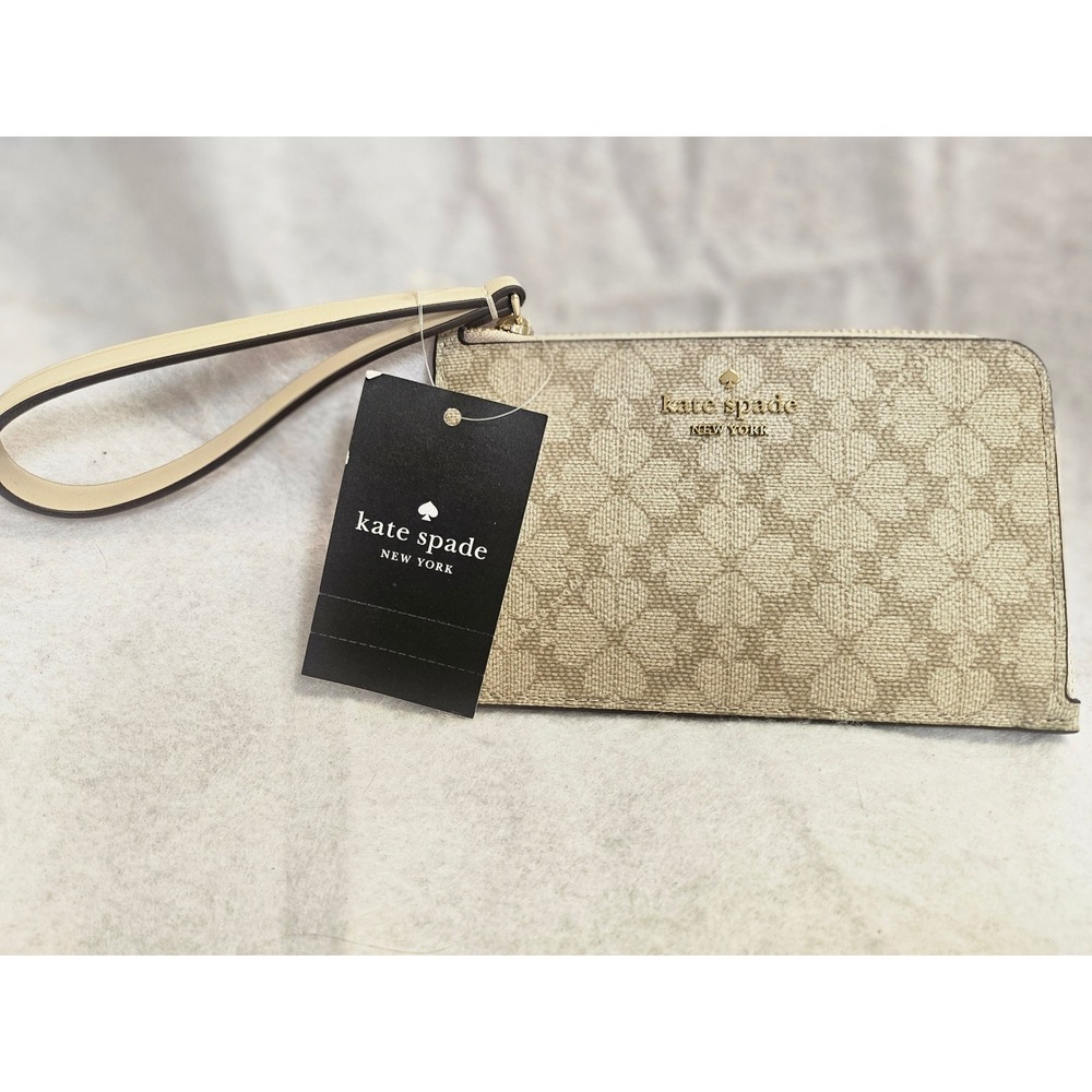 Kate Spade Lucy Small L-Zip Wristlet Spade Flower Dark Beige KH614 NEW